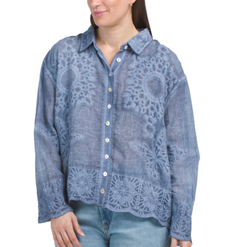 NWT LIV LOS ANGELES Blue Embroidered Button Down Cotton Shirt Size M